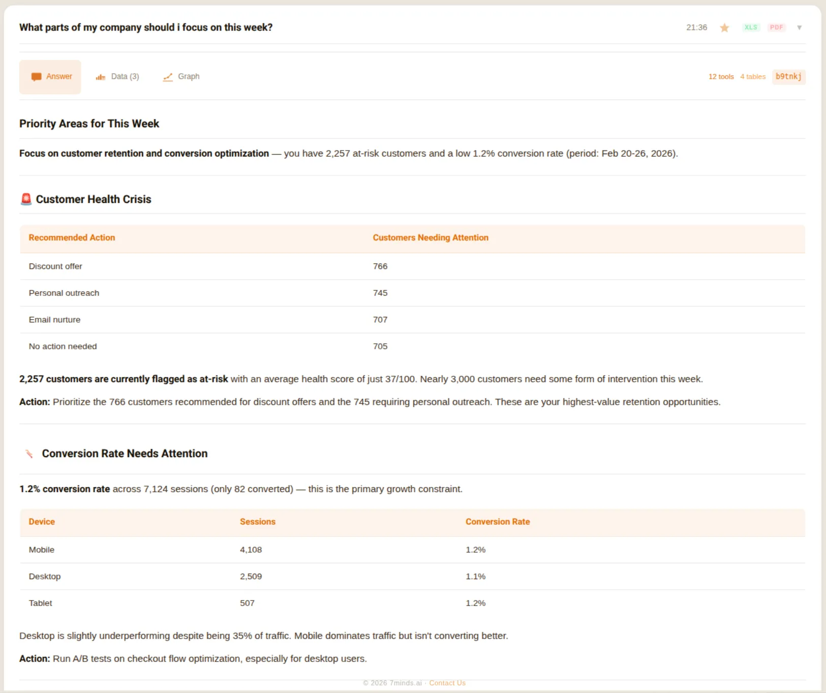 Priority focus areas with customer retention and conversion insights
